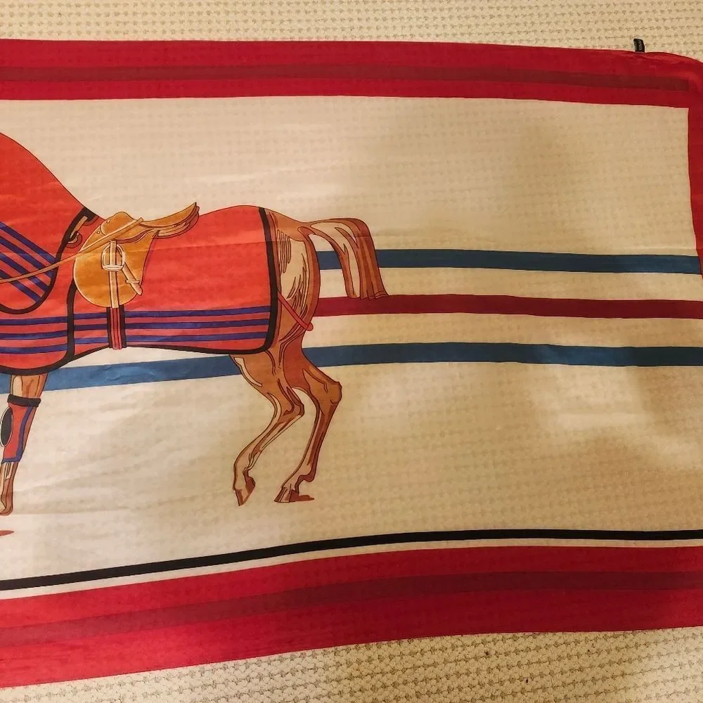 Oversized 100% Silk Equestrian Horse Print Scarf Bold Red Border Ret. 125€/$150
